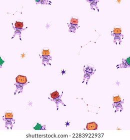 Cosmic seamless pattern with cute animals astronauts and stars. Wild animals in outer space. Vector illustration in a flat style. International Day of Human Space Flight and Cosmonautics Day. Pattern