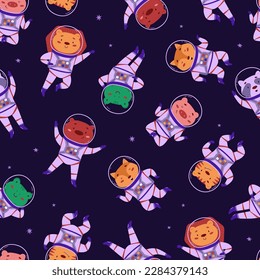 Cosmic seamless pattern with cute animals astronauts. Wild animals in outer space. Vector illustration in a flat style. International Day of Human Space Flight and Cosmonautics Day. Pattern for