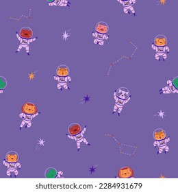 Cosmic seamless pattern with cute animals astronauts and stars. Wild animals in outer space. Vector illustration in a flat style. International Day of Human Space Flight and Cosmonautics Day. Pattern