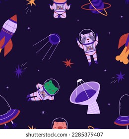 Cosmic seamless pattern with cute animals astronauts, rockets and alien ship. Wild animals in outer space. Telescopes and satellite. Vector illustration in a flat style. International Day of Human