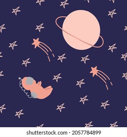 cosmic seamless pattern, cute doodle astronauts floating in space, vector illustration