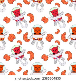 Cosmic seamless pattern, cute doodle cat astronauts floating in space, vector illustration