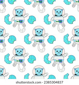 Cosmic seamless pattern, cute doodle cat astronauts floating in space, vector illustration