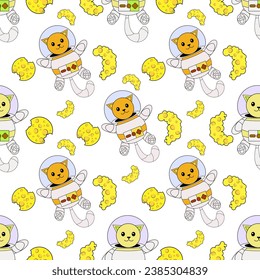 Cosmic seamless pattern, cute doodle  cat astronauts floating in space, vector illustration