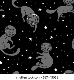 Cosmic seamless pattern, cute doodle cat-astronauts floating in space, vector illustration