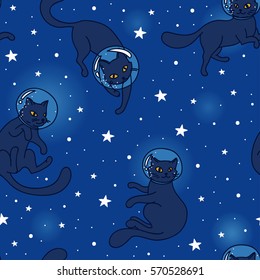 Cosmic seamless pattern, cute doodle cat-astronauts floating in space, blue palette, vector illustration