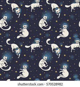 Cosmic seamless pattern, cute doodle white cat-astronauts floating in space, vector illustration