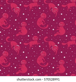 Cosmic seamless pattern, cute doodle cat-astronauts floating in space, pink and purple colors, vector illustration