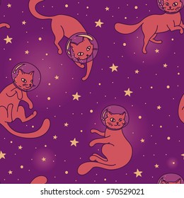 Cosmic seamless pattern, cute doodle cat-astronauts floating in space, funky palette, vector illustration