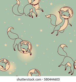 Cosmic seamless pattern, cute doodle fox-astronauts floating in space, vector illustration