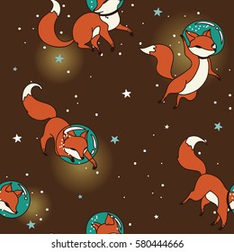 Cosmic seamless pattern, cute doodle fox-astronauts floating in space, retro palette, vector illustration