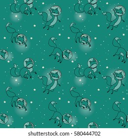 Cosmic seamless pattern, cute doodle fox-astronauts floating in space, turquoise color, vector illustration
