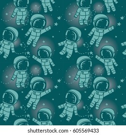 Cosmic seamless pattern, cute doodle astronauts floating in space, vector illustration