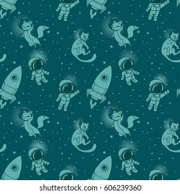 Cosmic seamless pattern, cute doodle boys, rockets, foxes and cats floating in space, vector illustration