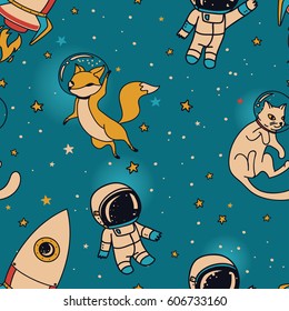 Cosmic seamless pattern, cute doodle boys, rockets, foxes and cats floating in space, vector illustration