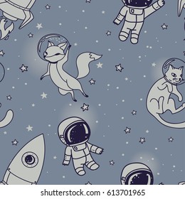 Cosmic seamless pattern, cute doodle boys, rockets, foxes and cats floating in space, grey color, vector illustration