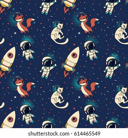 Cosmic seamless pattern, cute doodle boys, rockets, foxes and cats floating in space, vector illustration