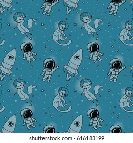 Cosmic seamless pattern, cute doodle boys, rockets, foxes and cats floating in space, blue  color, vector illustration
