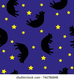 Cosmic seamless pattern, cute doodle white cat-astronauts floating in space, vector illustration