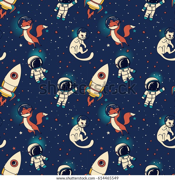 宇宙のシームレスなパターン かわいい落書き風少年 ロケット キツネと猫が宇宙に浮かんでいる ベクターイラスト のベクター画像素材 ロイヤリティフリー