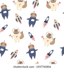 Cosmic seamless pattern with cute funny astronauts sloths and foxes, rockets ans space jets