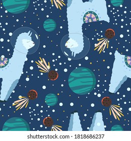 Cosmic seamless pattern, cute llamas or alpaca astronaut in space. Comets, stars and funny animal background. Vector illustration for wallpaper, print, textile. Childish design.