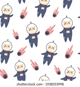 Cosmic seamless pattern with cute panda bear astronauts and comets. For fabric, greeting cards, textile, wrapping paper