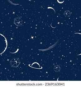 Cosmic seamless pattern. Dark blue galaxy stars background, star constellations space alien spaceships planets satelits comets ufo objects backdrop effortless texture