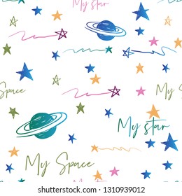 Cosmic seamless pattern with doodle stars, Saturn planets, my space text. Hand drawn colorful line seamless pattern on white blue background. Doodling scribble ornament background.