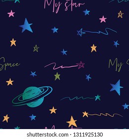 Cosmic seamless pattern with doodle stars, Saturn planets, my space text. Hand drawn colorful line seamless pattern on black blue background. Doodling scribble ornament background.