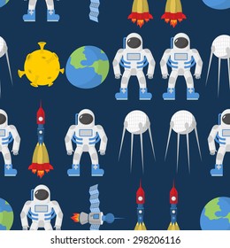 Cosmic seamless pattern. Earth and astronaut. Space rocket ship and satellite. Vector background. 