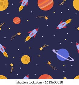 Cosmic seamless pattern. Hand drawn cartoon illustration with saturn, jupiter, stars, moon, spaceship. Vector seamless pattern of space.Cute space pattern.