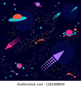 Cosmic seamless pattern for journey to space with sketch stars, rocket, comets and planets, vector illustration