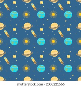 Cosmic seamless pattern on a dark background with planets, sun, moon, earth. Rocket flies between the stars. Saturn. Vector flat style