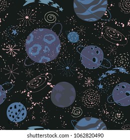 Cosmic seamless pattern with planets, comets, stars in outer space. Cosmos vector background. Trendy hand drawn illustration in cartoon style. Childish design.