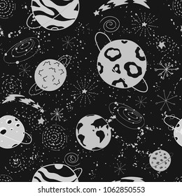 Cosmic seamless pattern with planets, comets, stars in outer space. Cosmos vector background. Trendy hand drawn illustration in cartoon style. Childish design.