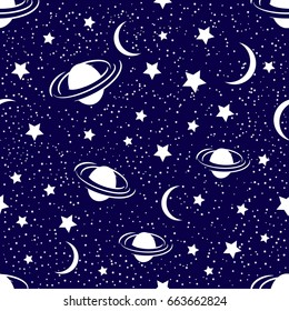 Cosmic seamless pattern with planets, moon, stars and blue background. Vector illustration.