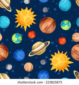 Cosmic seamless pattern with planets of the solar system.