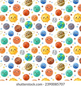 Cosmic seamless pattern with planets in the solar system. Cute Smiling planets in kawaii style Space vector background for Printing Children's T-shirt, children's room design, birthday party