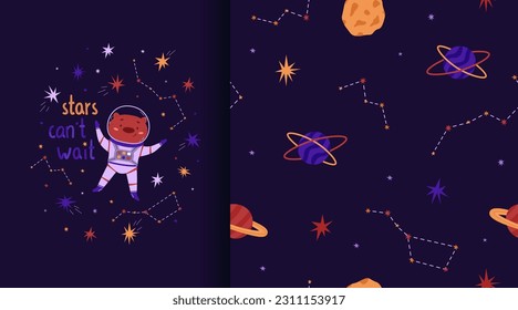 Cosmic seamless pattern and poster. Constellations and planets. Vector illustration. Star, moon and constellations. International Day of Human Space Flight and Cosmonautics Day. Pattern for wallpaper