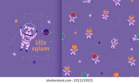 Cosmic seamless pattern and poster. Cute animals astronauts and stars. Wild animals in outer space. Vector illustration in a flat style. International Day of Human Space Flight and Cosmonautics Day