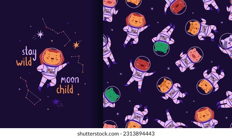 Cosmic seamless pattern and poster. Cute animals astronauts. Wild animals in outer space. Vector illustration in a flat style. International Day of Human Space Flight and Cosmonautics Day. Pattern for