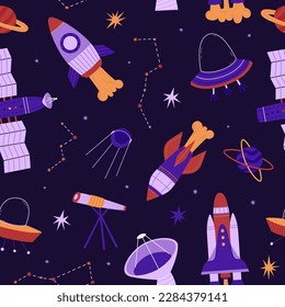 Cosmic seamless pattern with rockets, satellite and UFO. Stars, planets and constellations. Vector illustration in a flat style. International Day of Human Space Flight and Cosmonautics Day. Pattern