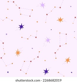Cosmic seamless pattern with stars and constellation. Vector illustration in a flat style. International Day of Human Space Flight and Cosmonautics Day. Pattern for wallpaper, fabric and kids items