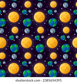 Cosmic seamless pattern with sun, earth and moon. A galaxy with planets. Vector illustration for textiles, paper and decor.