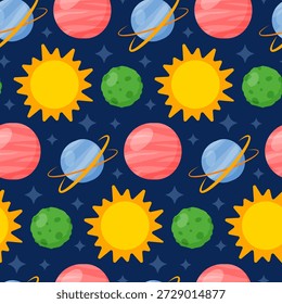 padrão cósmico sem costura com sóis, planetas, estrelas. Espaço. Ilustração vetorial