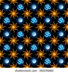 cosmic seamless pattern, symbol om, sun and moon, use gradient, opacity masks, clipping mask, vector