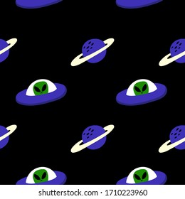 Cosmic seamless pattern. UFO,planets.Black background. Cartoon hand drawn vector illustration.