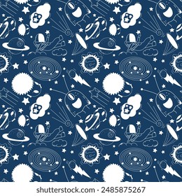 Cosmic seamless pattern. Universe doodle elements on blue background. Vector illustration for print. 