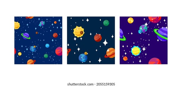 Cosmic seamless patterns. Three kinds of patterns. Set, collection. Galaxy, universe, solar system, stars, milky way. Colored flat design. Wallpaper in the nursery, website background, cover book